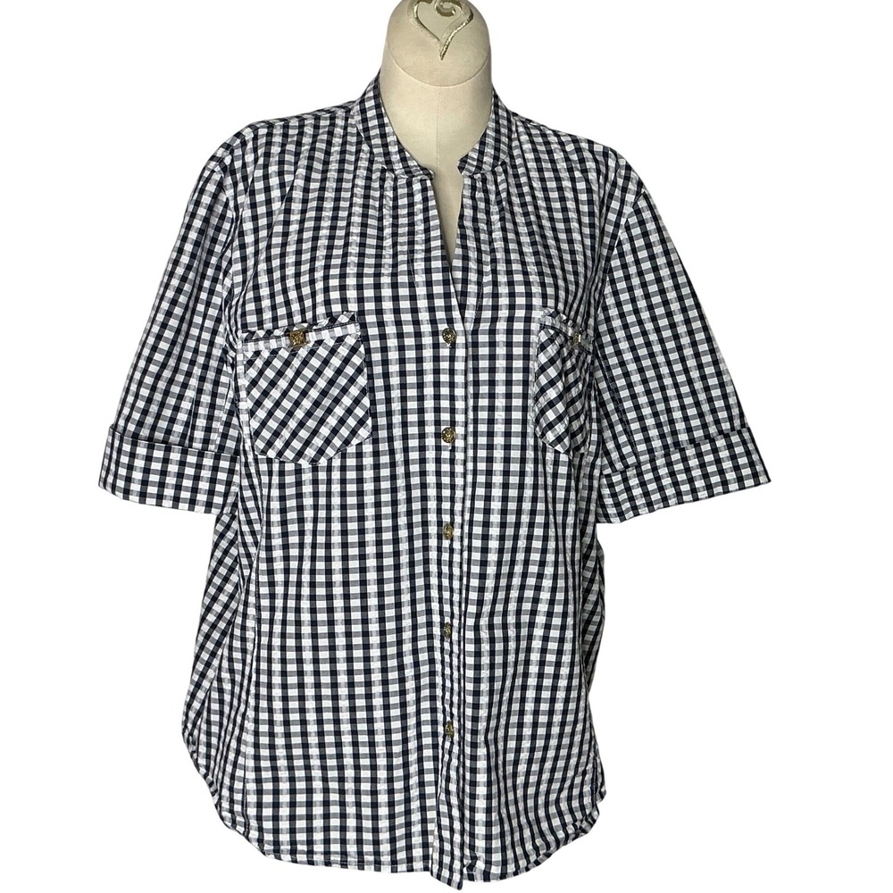 Anne Klein Womens XL Navy Gingham Seersucker Button Up Shirt Gold Lion Buttons